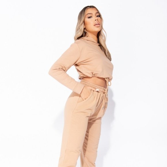 Pants - Camel Cropped Hoodie & Jogger Lounge Set
